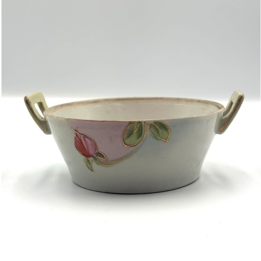 Antique Nippon Hand Painted Bowl Double Handle Floral Gold Trim Japan